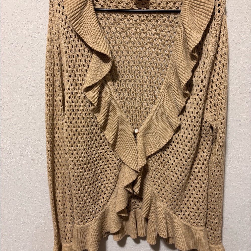 Vtg Pointelle Knit Cardigan XL Tan Ruffle Bell Sleeve Coquette Coastal Boho Doll - Picture 8 of 16